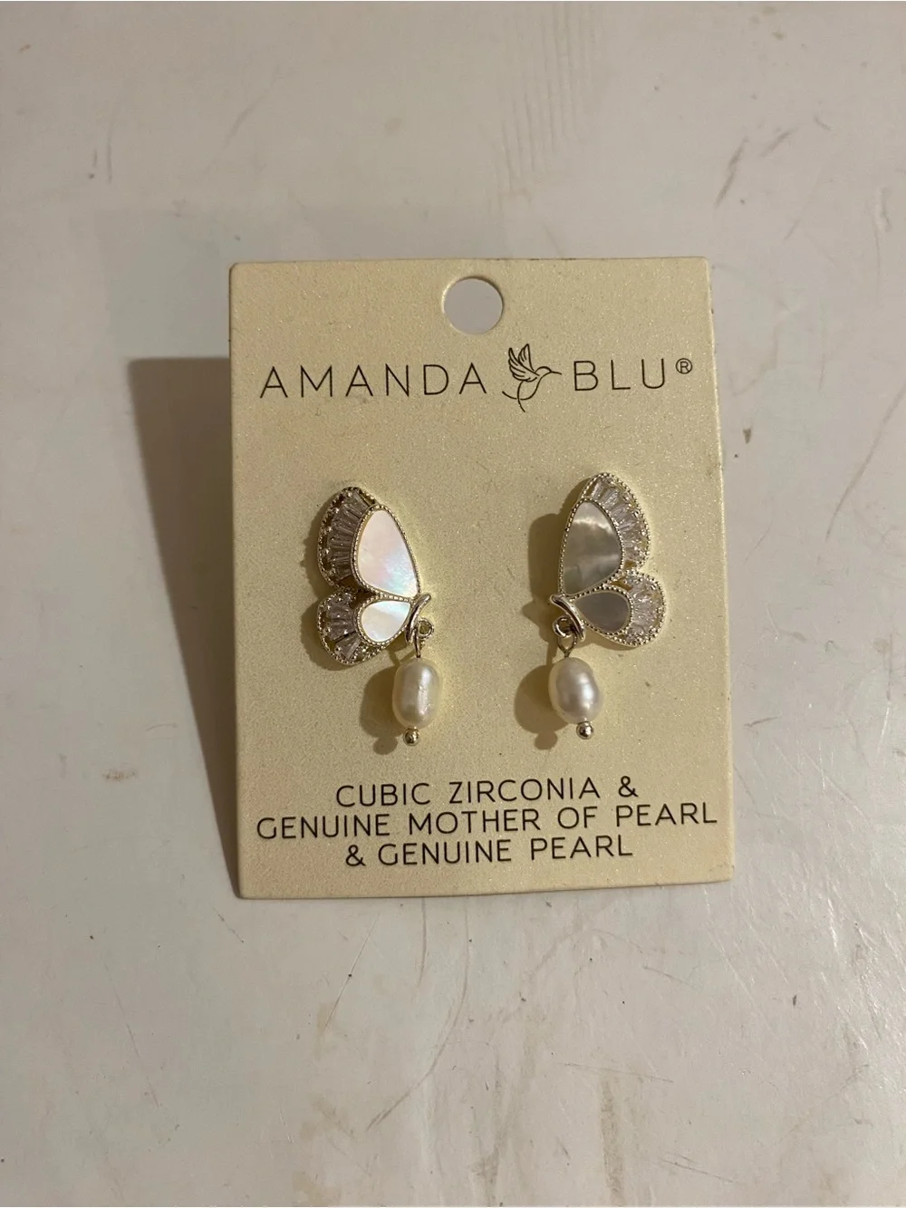 Amanda Blu Cubic Zirconia & Genuine Mother of Pearl Butterfly Post Earrings (RR) - Picture 5 of 7